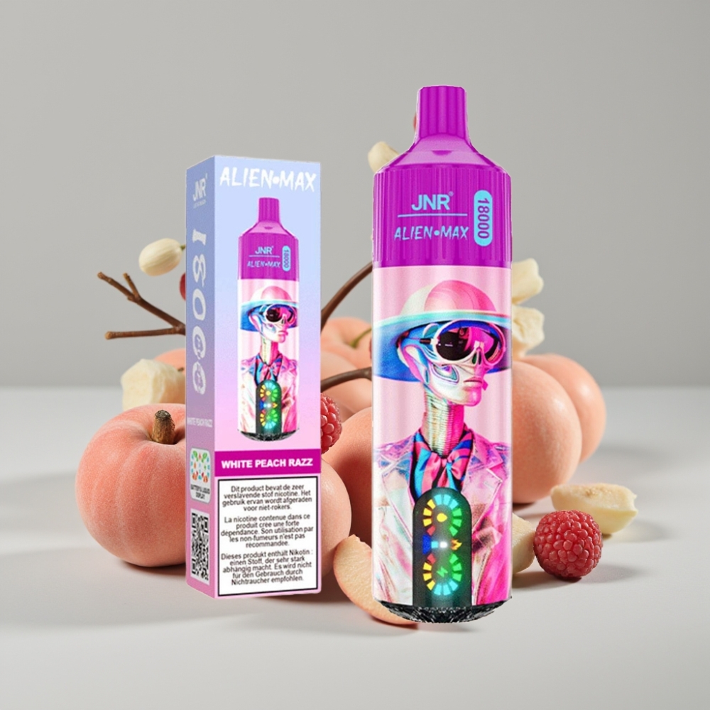 JNR Alien Max 18000 Puffs Doble Malla LED Tipo-C Melocotón Blanco Frambuesa