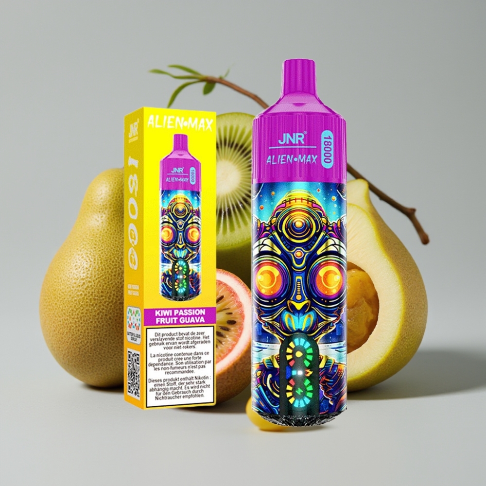 JNR Alien Max 18000 Puffs Vape con Pantalla LED y Doble Bobina, Sabor Kiwi Maracuyá Guayaba