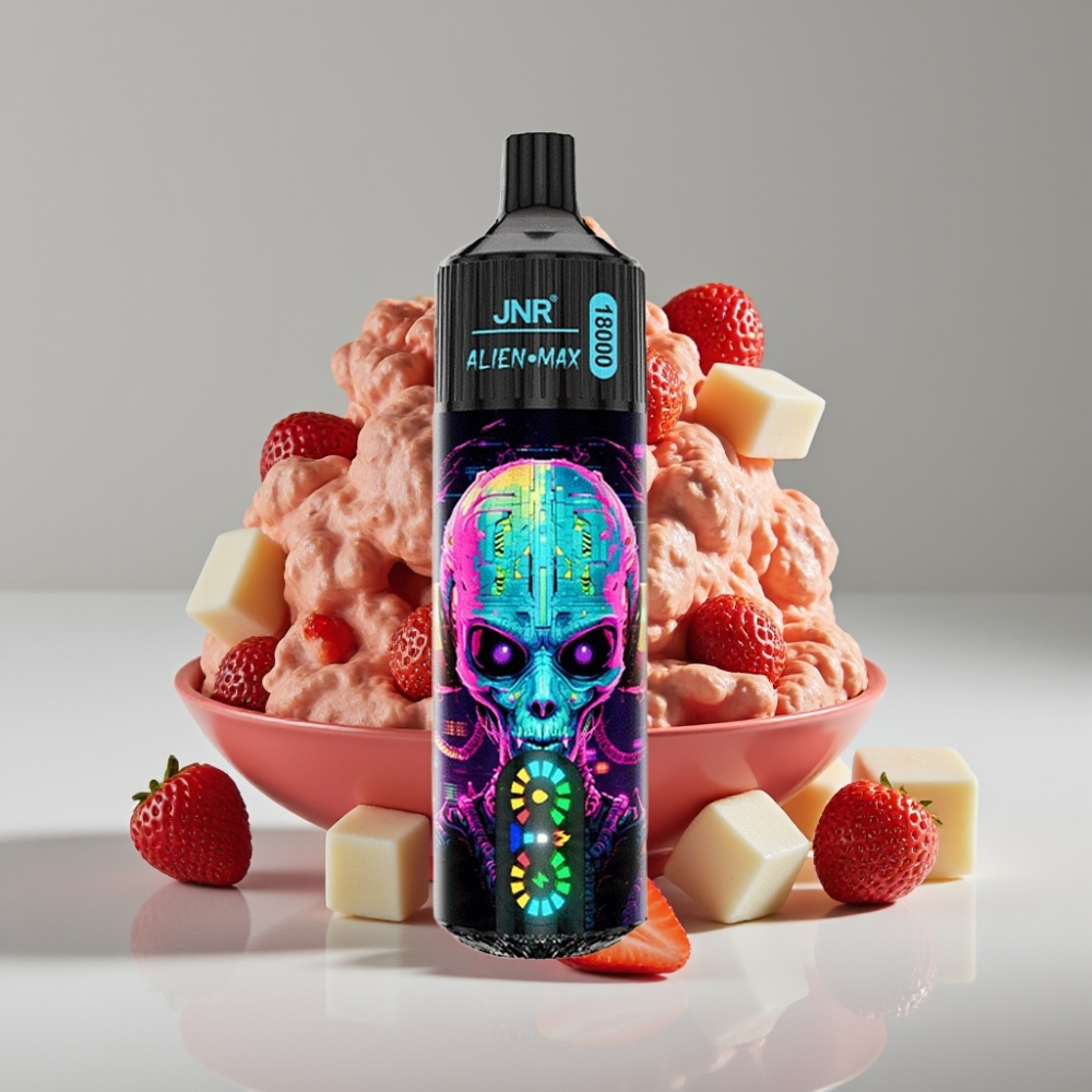 JNR Alien Max 18000 Puffs con Pantalla LED y Doble Bobina Mesh, Sabor Fresa Hubba Bubba