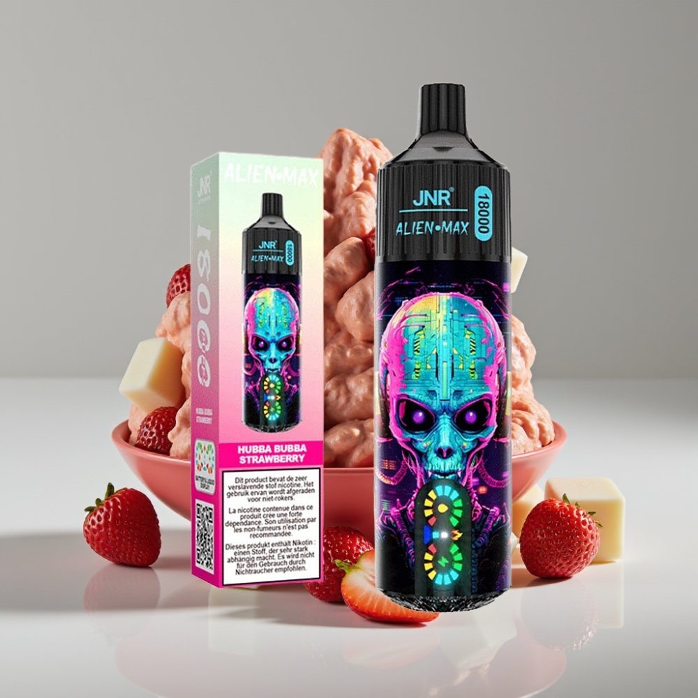 JNR Alien Max 18000 Puffs con Pantalla LED y Doble Bobina Mesh, Sabor Fresa Hubba Bubba