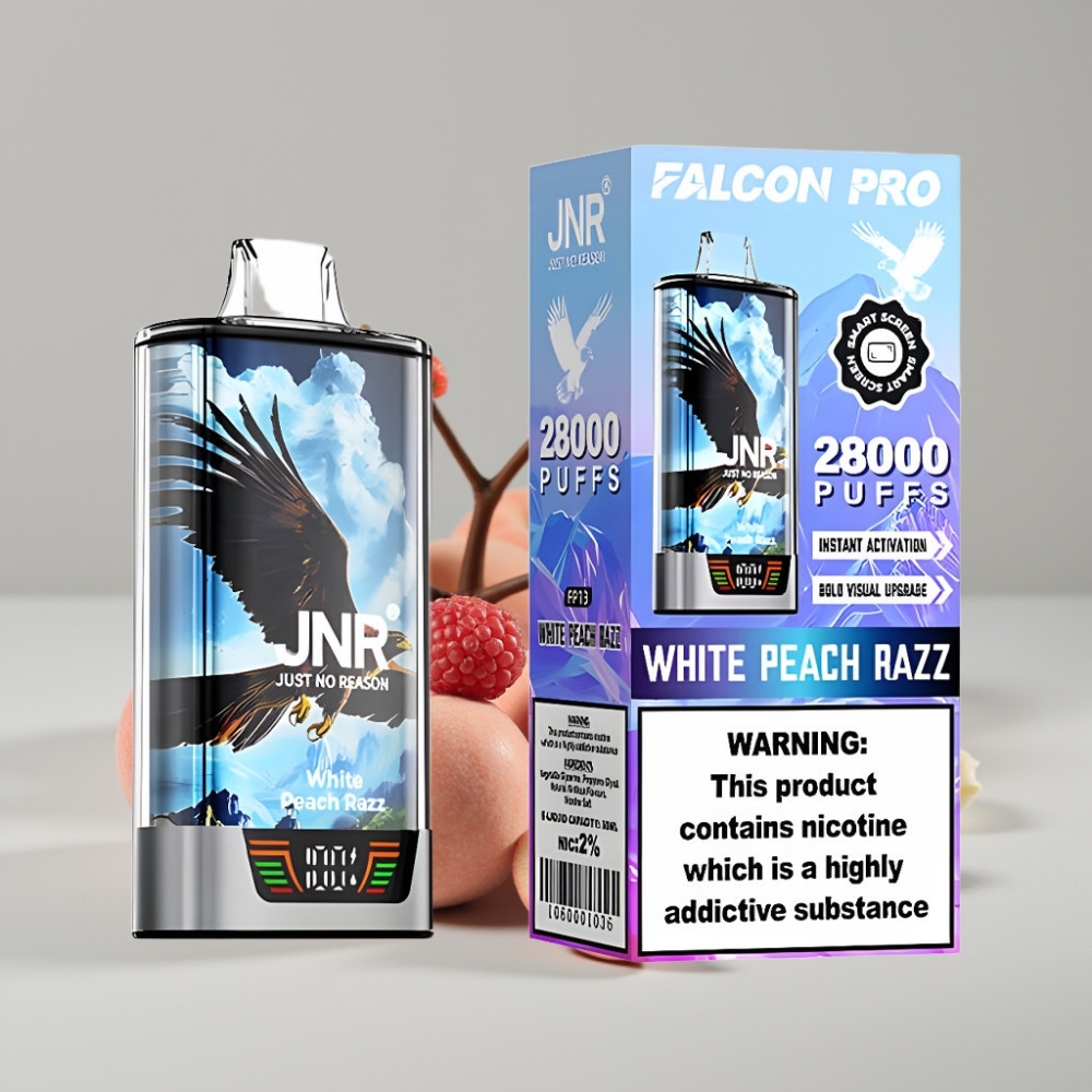 JNR Falcon Pro 28000 Disposable Vape 30ml Durazno Blanco Frambuesa USB-C Dual Mesh