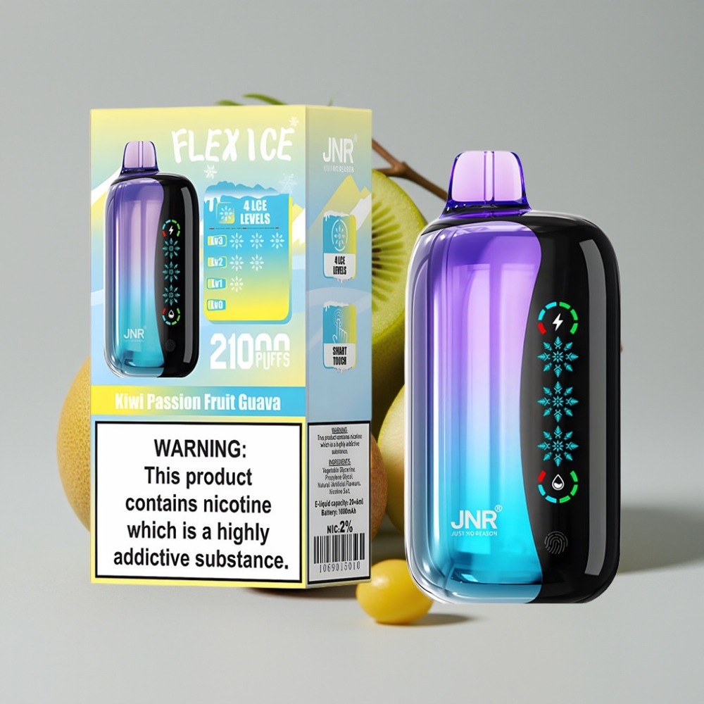 JNR Flex Ice 21000 Puffs Vape Desechable con Ajuste de Hielo, Kiwi Maracuyá Guayaba, Pantalla Táctil