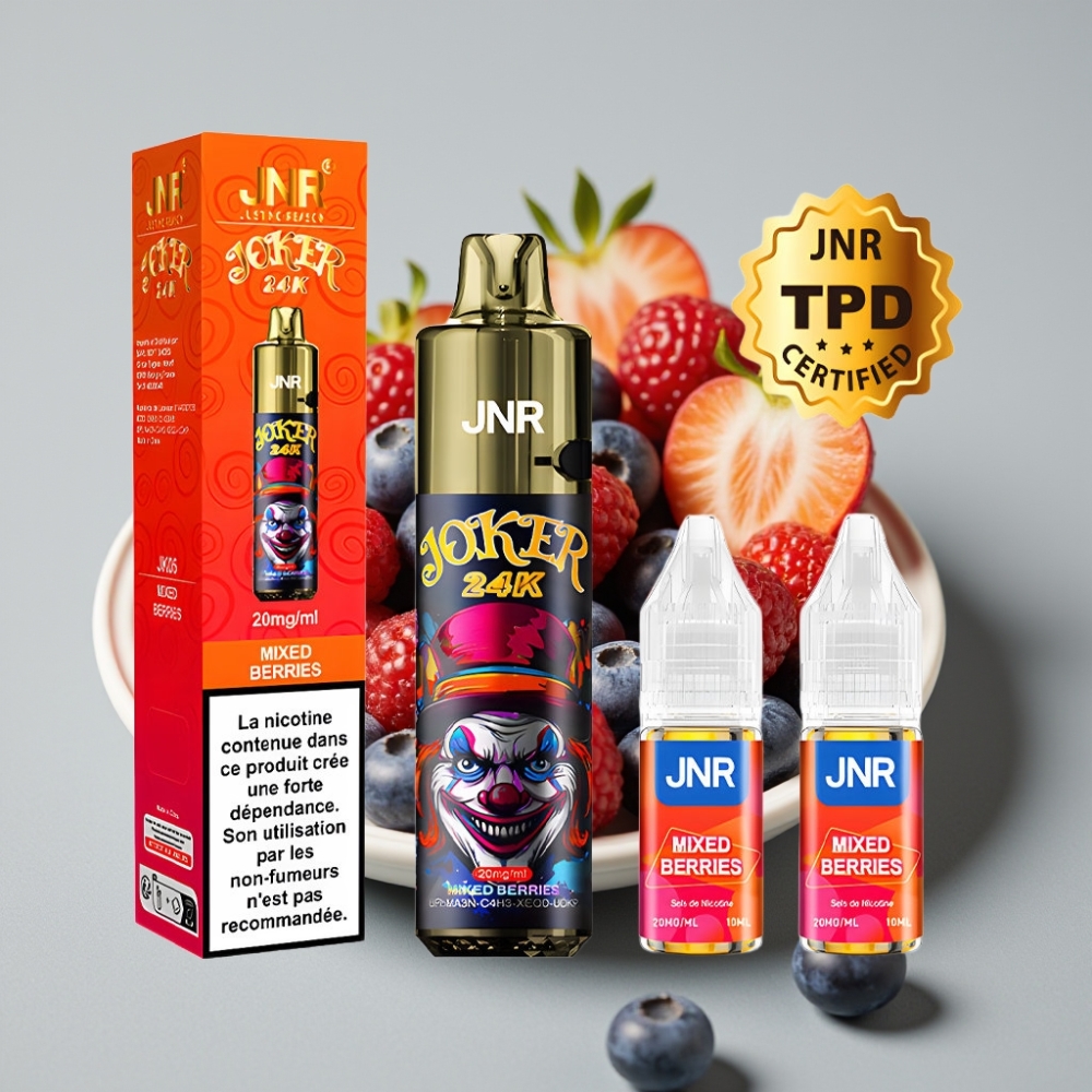 JNR Joker 24K Puffs Vape Desechable Recargable 2+10ml con Baya Mixta y Luz LED
