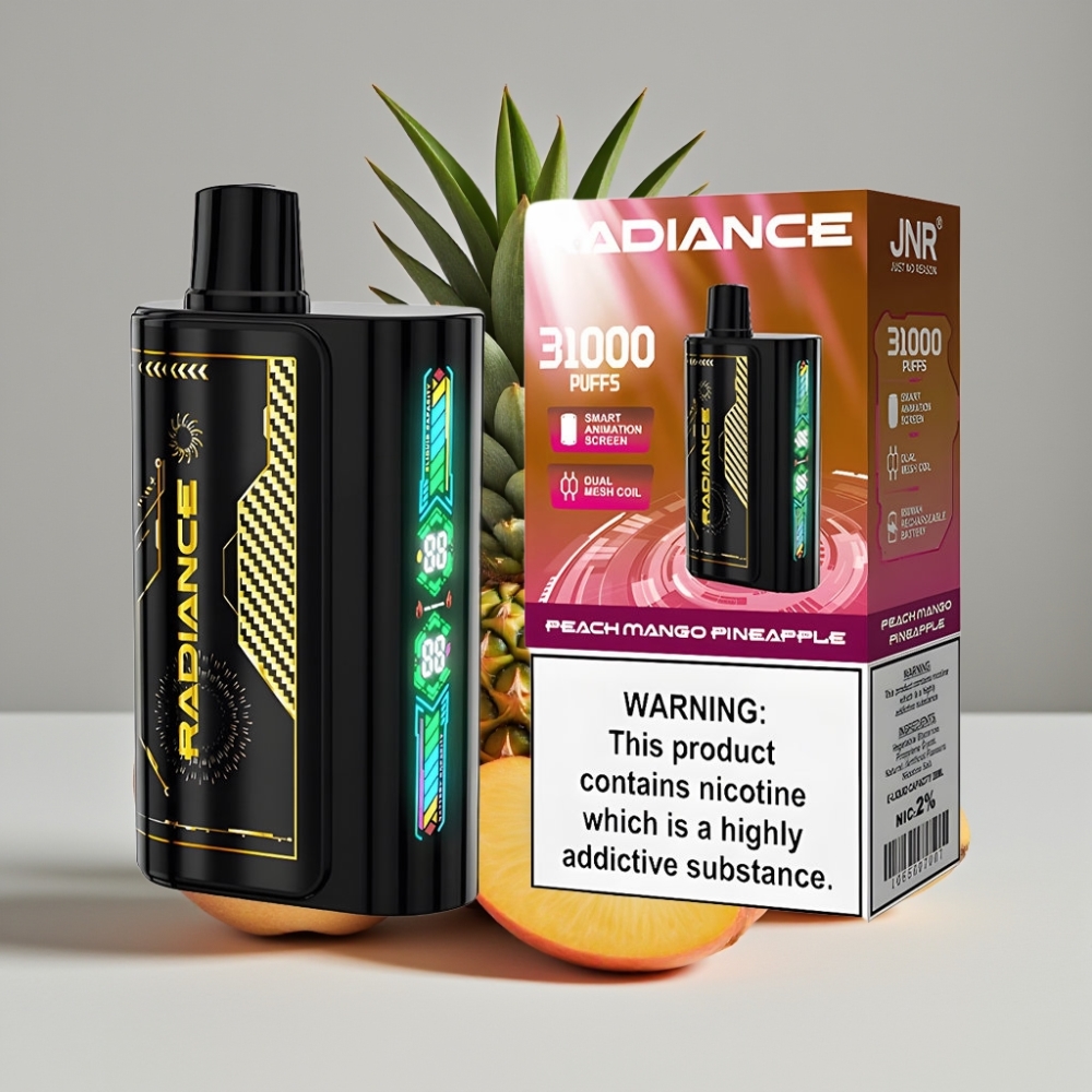 JNR Radiance 31000 Puffs Sabores Durazno Mango Piña Vape Desechable Pantalla Inteligente Batería Recargable