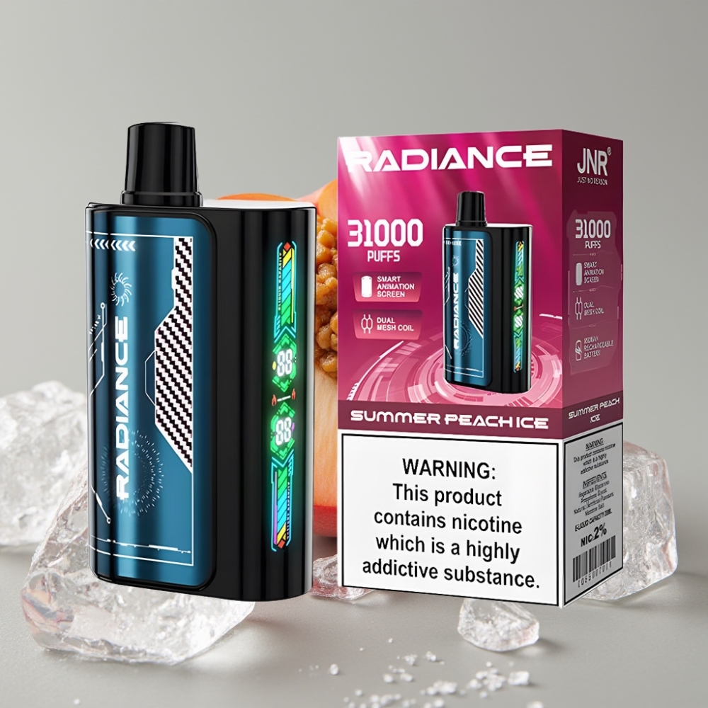 JNR Radiance 31000 Puffs Vape Desechable DURAZNO VERANO HIELO Pantalla Animada Batería Recargable