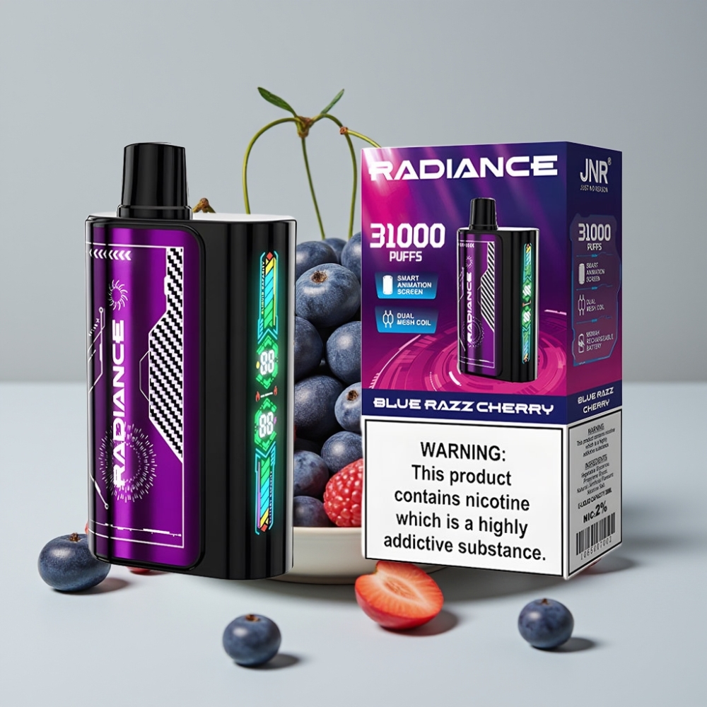 JNR Radiance 31000 Puffs Vape Desechable con Pantalla Animada y Doble Bobina Mesh, Sabor CEREZA FRAMBUESA AZUL