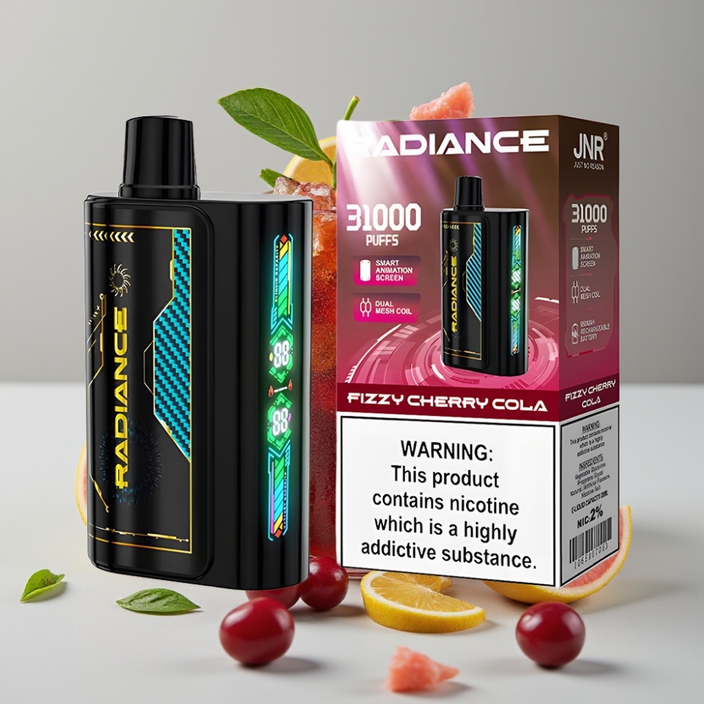 JNR Radiance 31000 Puffs Vape Desechable con Pantalla Animada y Doble Malla, Sabor CEREZA COLA Efervescente