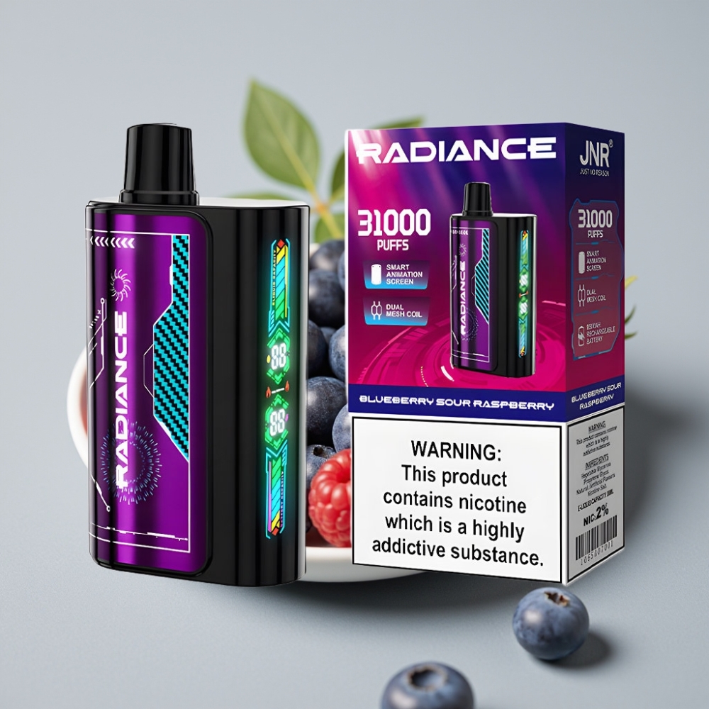 JNR Radiance 31000 Puffs Vape Recargable con Pantalla Animada y Sabor ARÁNDANO AZUL FRAMBUESA ÁCIDA