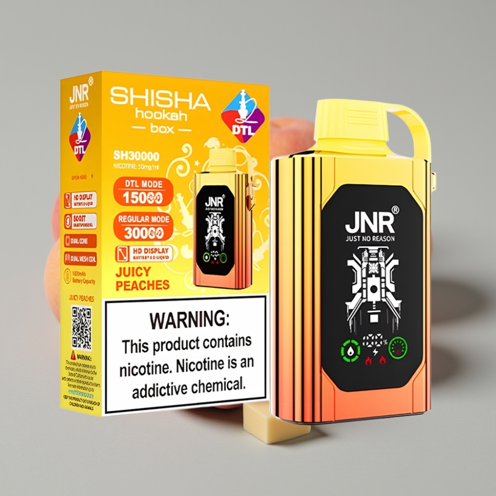 JNR Shisha Hookah Box 20500 Puffs Pantalla HD 25ml Doble Malla Carga Rápida Tipo-C Durazno Jugoso