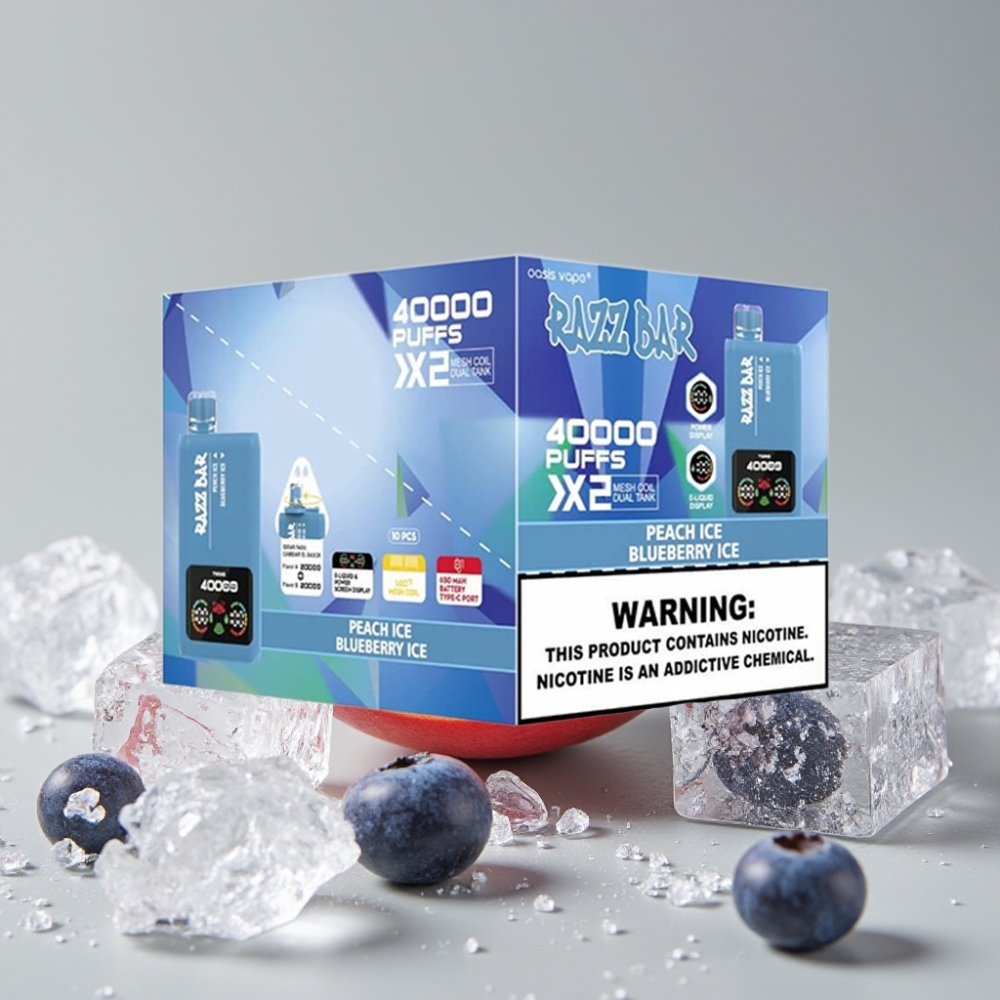 Razz Bar 40000 Puffs Vape con Pantalla LED y Doble Bobina Mesh 1.0Ω – Durazno Hielo y Arándano Hielo