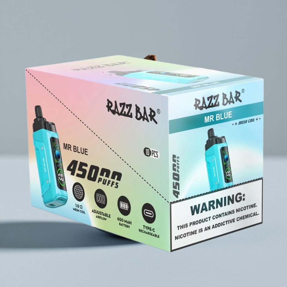 Razz Bar 45000 Puffs Vape Desechable Mr Azul con Batería Recargable Tipo-C y Flujo de Aire Ajustable