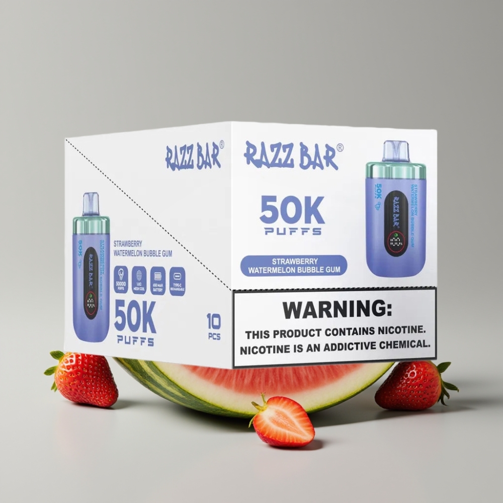 Razz Bar 50K Puffs Vape Desechable Fresa Sandía Chicle Recargable Tipo-C