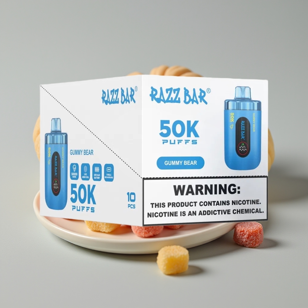 Razz Bar 50K Puffs Vape Desechable Recargable Tipo-C 2% Nicotina Sabor Osito de Goma